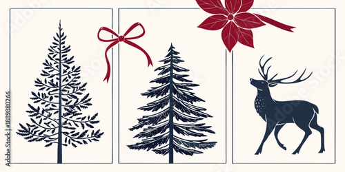 Winter Holiday Panel – Dark Blue Trees, Red Bow, Reindeer Silhouette, and Poinsettia Accents