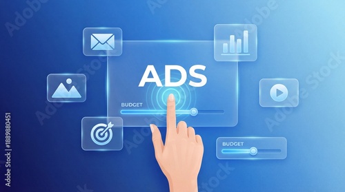 Hand interacting with futuristic digital interface displaying advertisement metrics and analytics with various icons on blue gradient background
