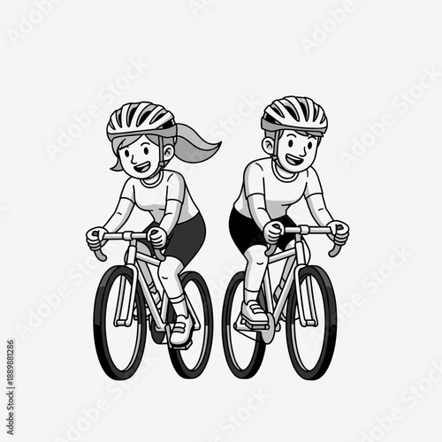 Children riding bicycles together outdoors cartoon illustration