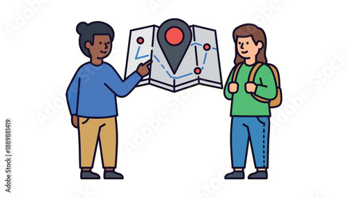 People discussing directions on a large map planning a journey navigation illustration plain backdrop