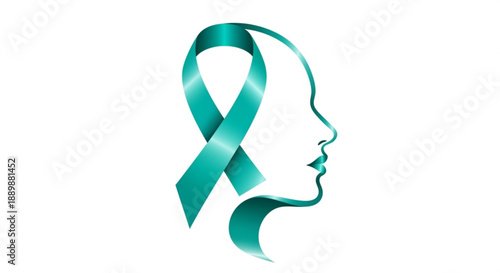 Teal awareness ribbon forming a profile silhouette of a womans head symbolizing mental health awareness and support isolated on white