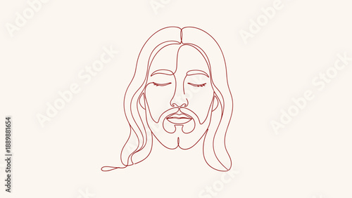 Elegant one line art of a man with long hair and beard on neutral background