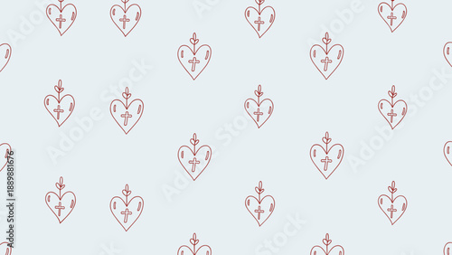 Seamless pattern of sacred hearts with crosses and thorns on light background
