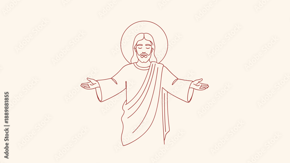 Obraz premium Minimalist line art depiction of jesus with open arms and halo on beige background