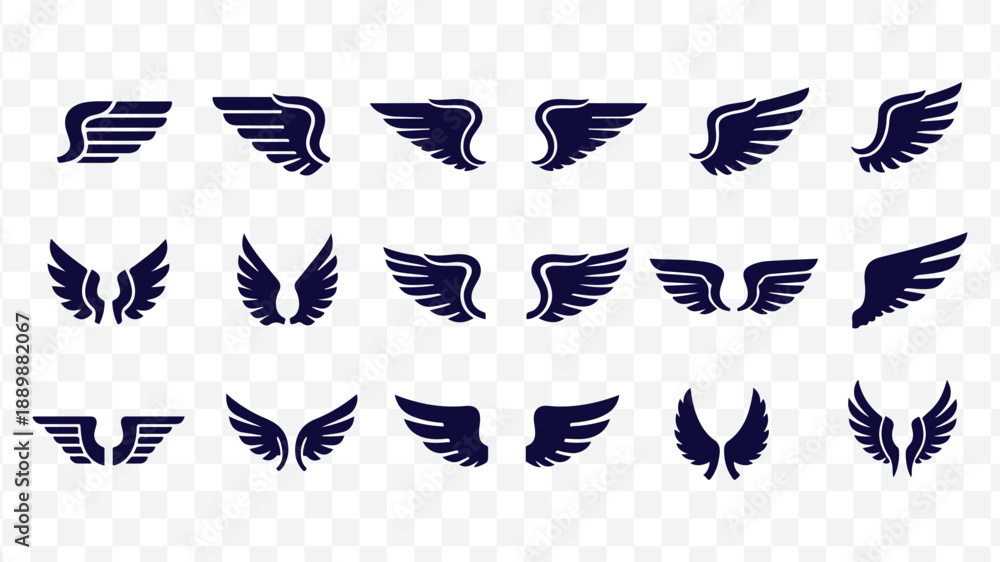 Fototapeta premium Dark blue wing icons, vector illustrations for logo or symbol, angel or bird wings, for design or branding, Isolated, isolated on Transparent Background