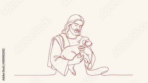 Continuous line art of gentle shepherd embracing lamb in minimalist style