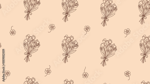 Elegant floral outline pattern with bouquets and blossoms on beige background