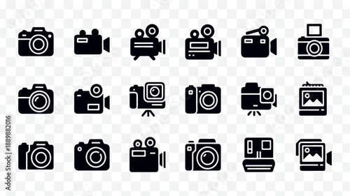 Black camera icons set, vector illustration for website, app, or presentation, icons for photography, videography, or graphic resources isolated on Transparent Background