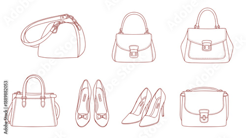 Elegant line art fashion accessories collection featuring handbags and heels