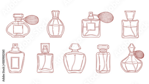Variety of perfume bottle designs in linear style on white background