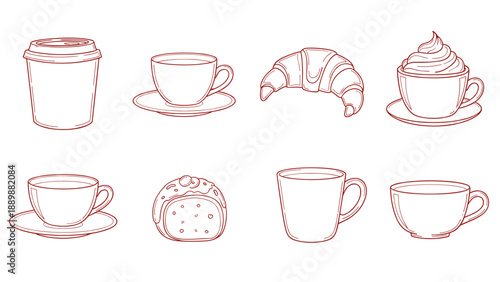 Hand drawn coffee and pastry set with cups and croissant