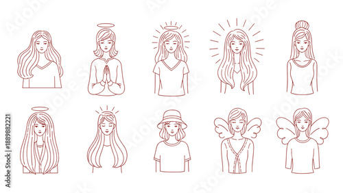 Minimalistic linear angel characters with halos and wings in simple fashion outfits