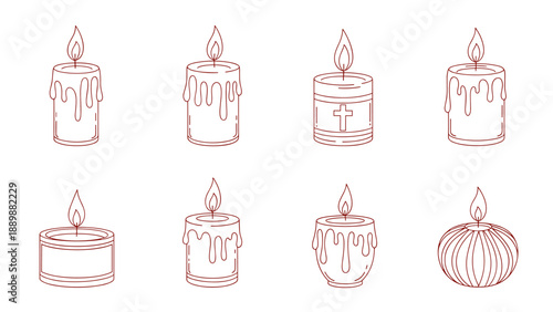 Set of minimalist candle line art designs with various shapes and details