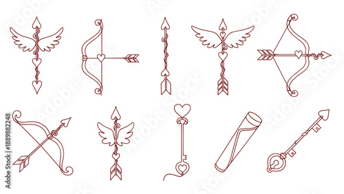 Elegant line art: cupid's bow and arrow with heart motif and winged details