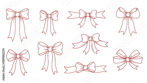 Elegant set of hand-drawn red line bows in assorted styles on white background