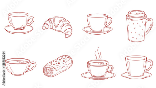 Linear coffee and pastry icons: cups, croissant, roll, and disposable cup collection