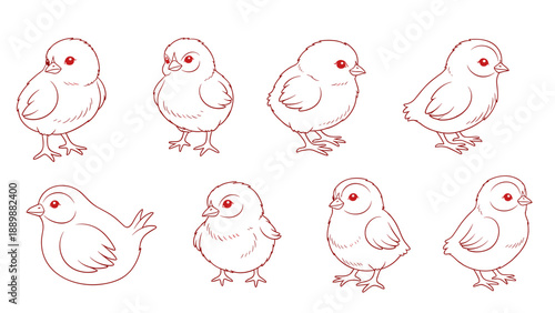 Adorable chick outlines set in red monochrome sketch style