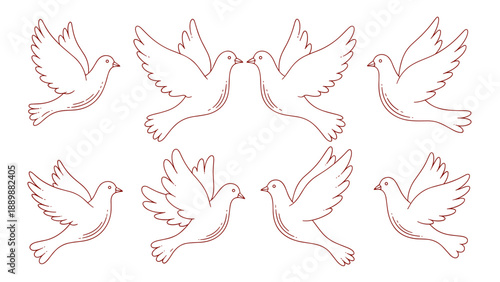 Simple linear red dove patterns on white background