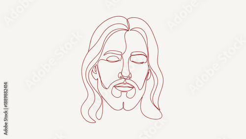 Minimalist one line drawing of peaceful long-haired figure with beard