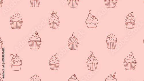 Seamless pattern of hand drawn cupcakes on pink background