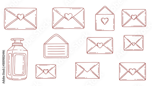 Hand drawn love letters and envelope set with heart motifs