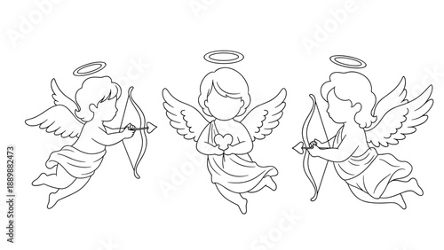 Adorable cupid angels outline drawing with bows and arrows
