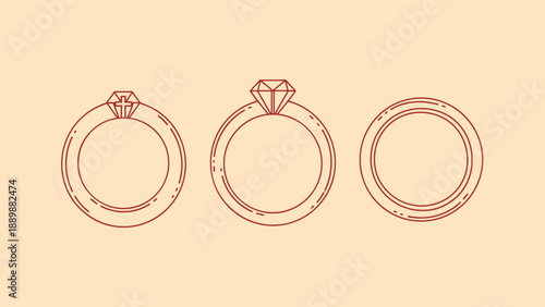 Minimal outline of engagement and wedding rings on beige background