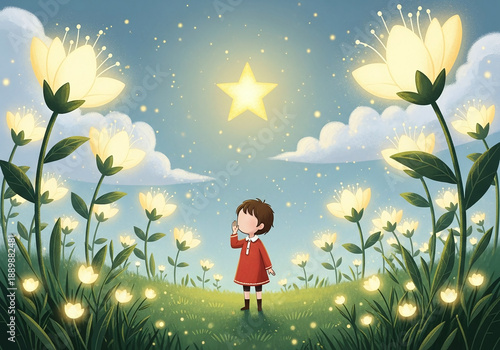 Little Child Gazing at Giant Glowing Star in Magical Flower Meadow