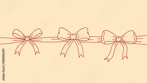 Elegant red ribbon bows on beige background with minimalist line art style
