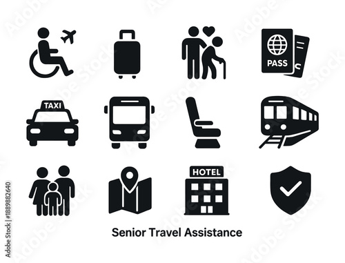Senior travel assistance icons for elderly transportation and accommodation