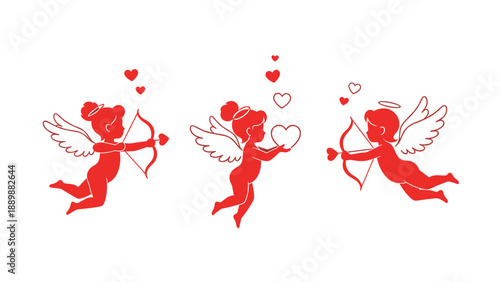 Charming red cupid silhouettes with hearts in playful poses
