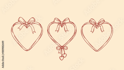 Elegant heart shapes with bows and ribbons on beige background