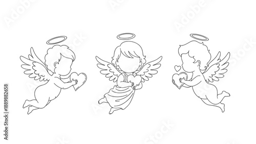 Adorable angelic cherubs in outline style holding hearts