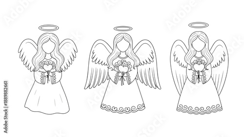 Elegant line art angels with wings and halos holding hearts