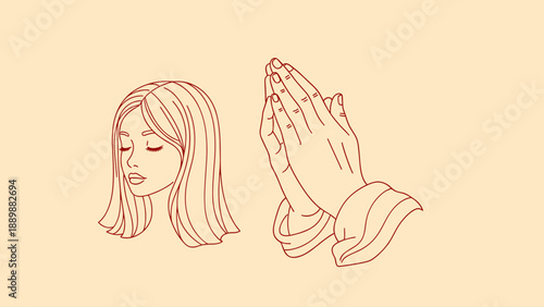 Minimalist art of praying hands and peaceful woman in line drawing style