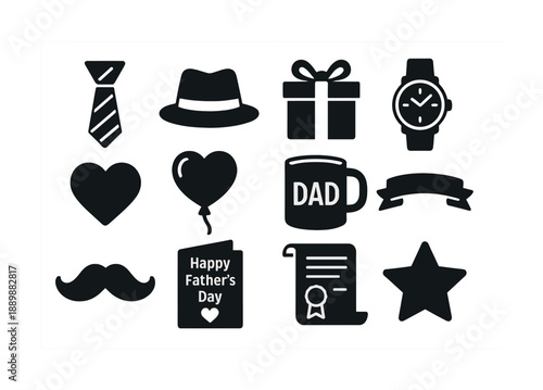 Father’s day icons: tie, hat, gift, watch, mug, heart, balloon, banner, star, mustache, certificate