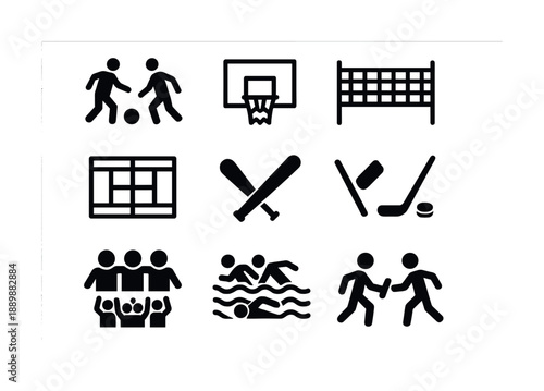 Sports icon collection: soccer, basketball, volleyball, tennis, baseball, hockey, teamwork, swimming, relay