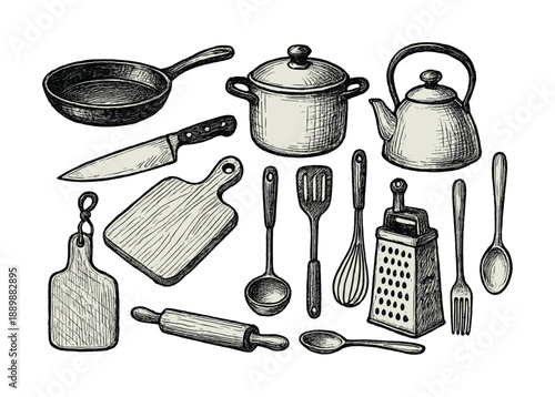 Hand-drawn kitchen utensils set featuring frying pan, pot, and teapot