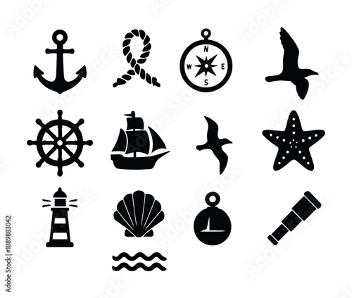 Nautical icons collection: anchor, rope, compass, ship, starfish, lighthouse, shell