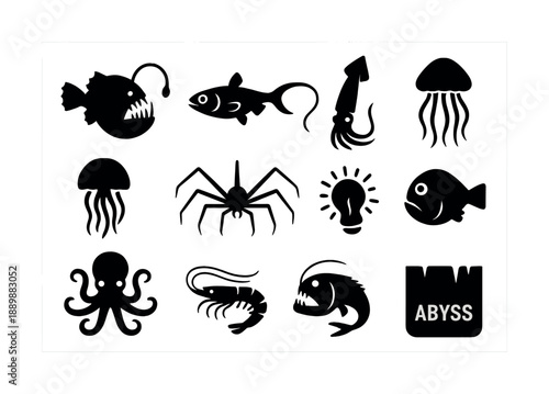 Silhouette collection of deep-sea creatures and abyss icon design