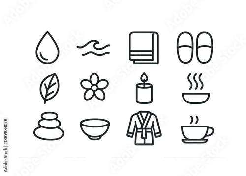 Spa and relaxation icon set: candle, flower, robe, leaf, stone