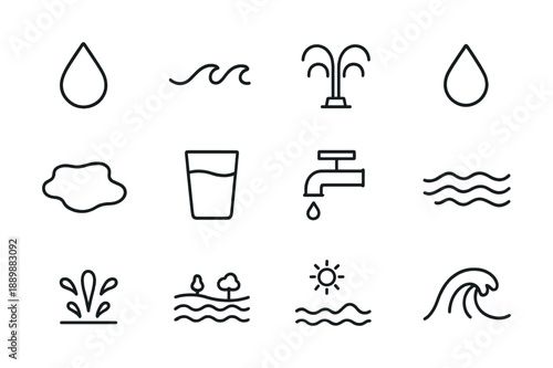 Water-themed icon set: drop, wave, fountain, cloud, glass, tap, splash, sun, nature