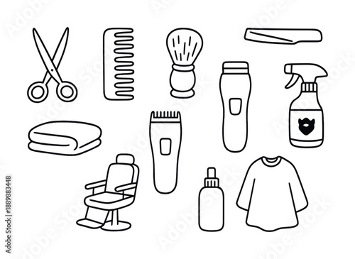 Vector Barber shop tools icon set: scissors, comb, razor, apron, clippers, spray bottle