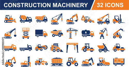 Set of 32 Construction Machinery Icons Flat Vector Illustration of Heavy Equipment Industrial Vehicles and Building Machines