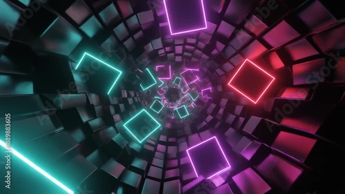 Dynamic motion through futuristic neon cyber space tunnel background loop
