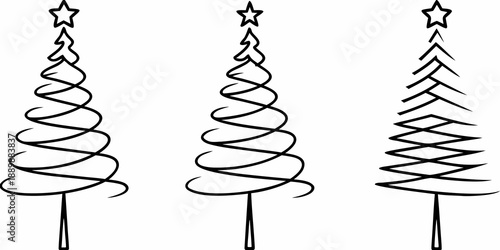 Three stylized christmas trees depicted with swirling spiral designs