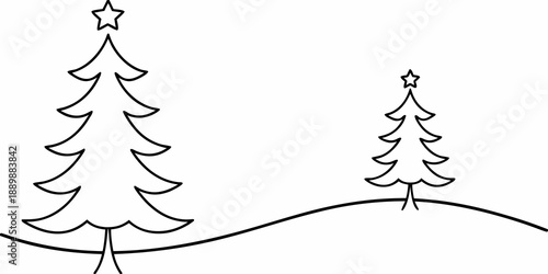Simple black and white illustration of evergreen trees and rolling hills