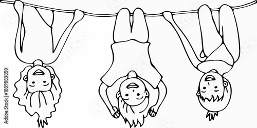 Three cartoon bats hanging upside down from a line illustration