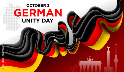 German Unity Day October 3 Background with Black Red Gold Ribbon and Berlin Landmarks