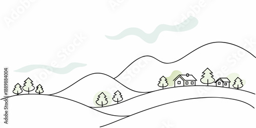 Simple illustration of a rural landscape with hills trees and houses